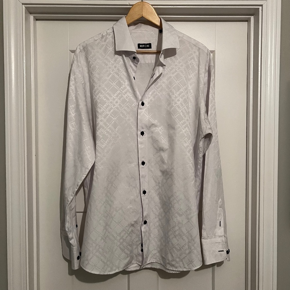 Bespoke Men's Long Sleeve Button Down Dress Shirt, White on White, XL